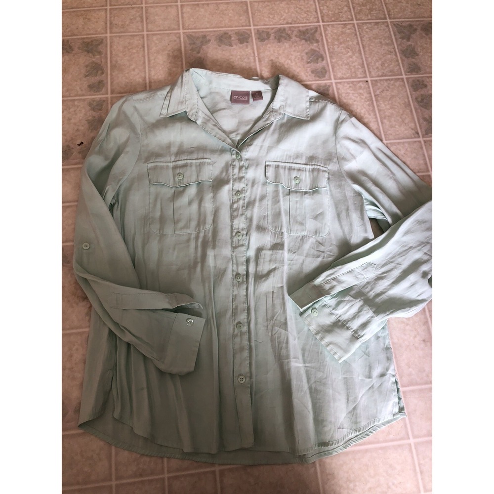 CHICO'S Turquoise Button Down  Blouse Size 2 Large Roll Tab Sleeves